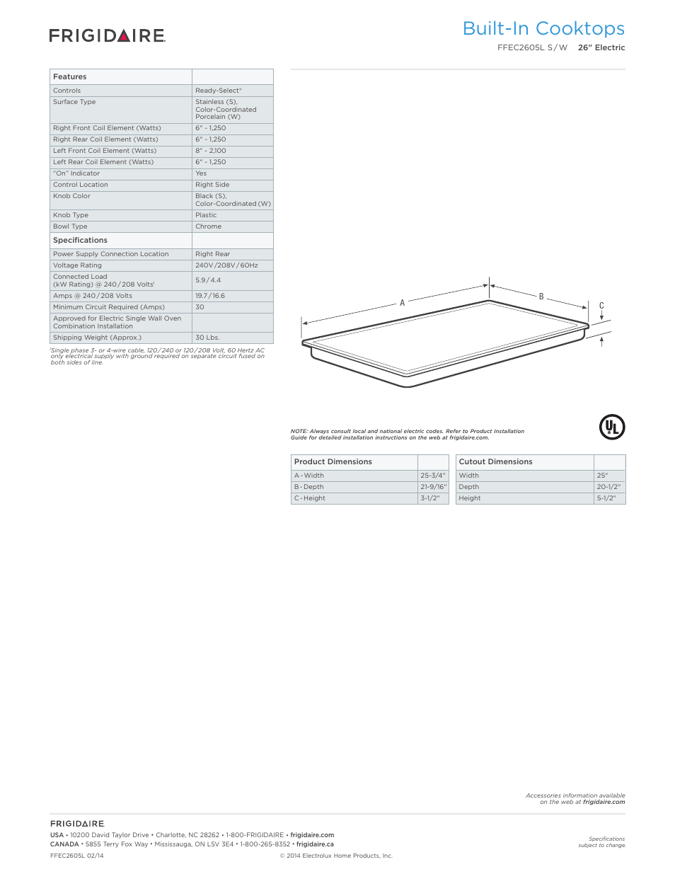 Drop-in electric cooktops frigidaire baseline, Built-in cooktops | FRIGIDAIRE FFEC2605LW User Manual | Page 2 / 5