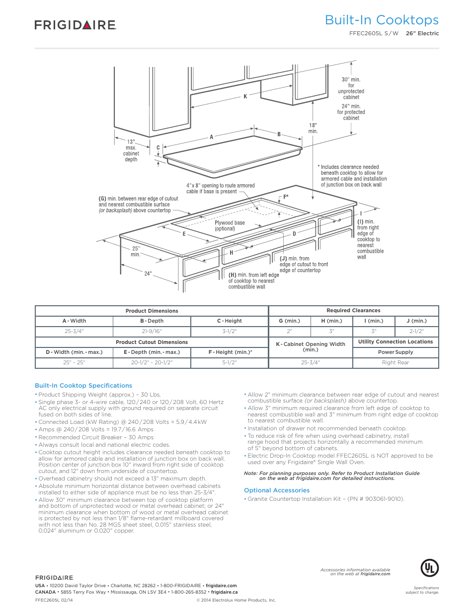 Drop-in induction / electric cooktops, Professional / gallery / baseline, Built-in cooktops | Callouts must be charted per individual model) | FRIGIDAIRE FFEC2605LW User Manual | Page 3 / 5