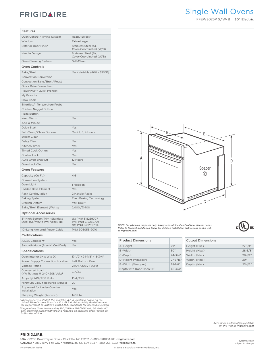 Single electric wall ovens frigidaire baseline, Single wall ovens | FRIGIDAIRE FFEW3025PW User Manual | Page 2 / 7