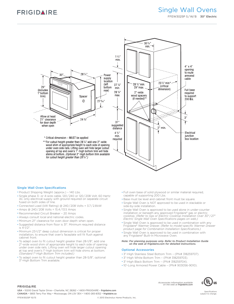 30" single electric wall oven baseline, Single wall ovens | FRIGIDAIRE FFEW3025PW User Manual | Page 3 / 7