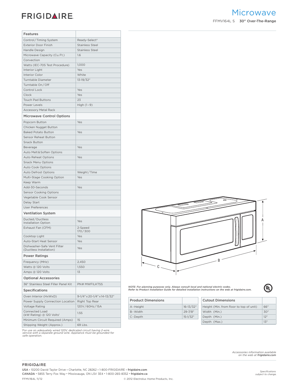Over-the-range microwave oven frigidaire baseline, Microwave | FRIGIDAIRE FFMV164LS User Manual | Page 2 / 7