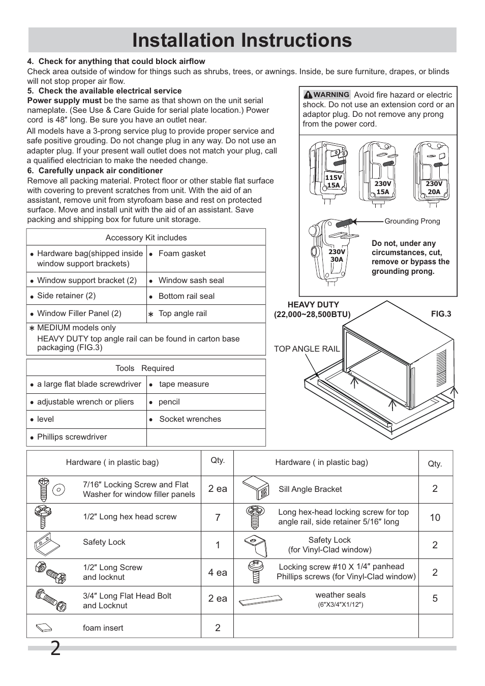 Installation instructions | FRIGIDAIRE FRA18EMU2 User Manual | Page 2 / 8