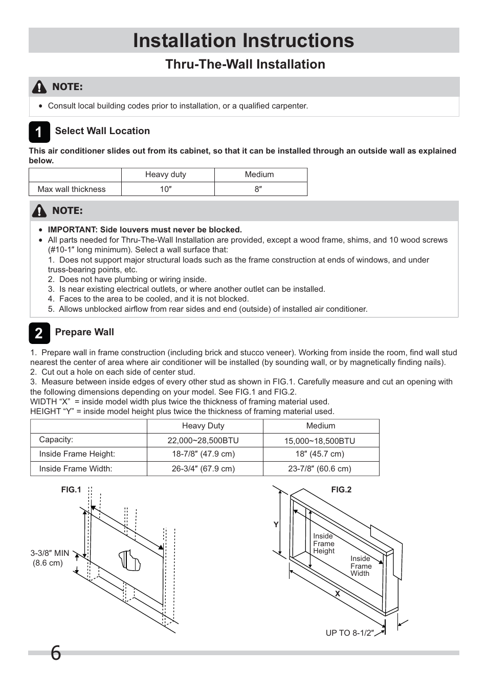 6installation instructions, Thru-the-wall installation | FRIGIDAIRE FRA18EMU2 User Manual | Page 6 / 8