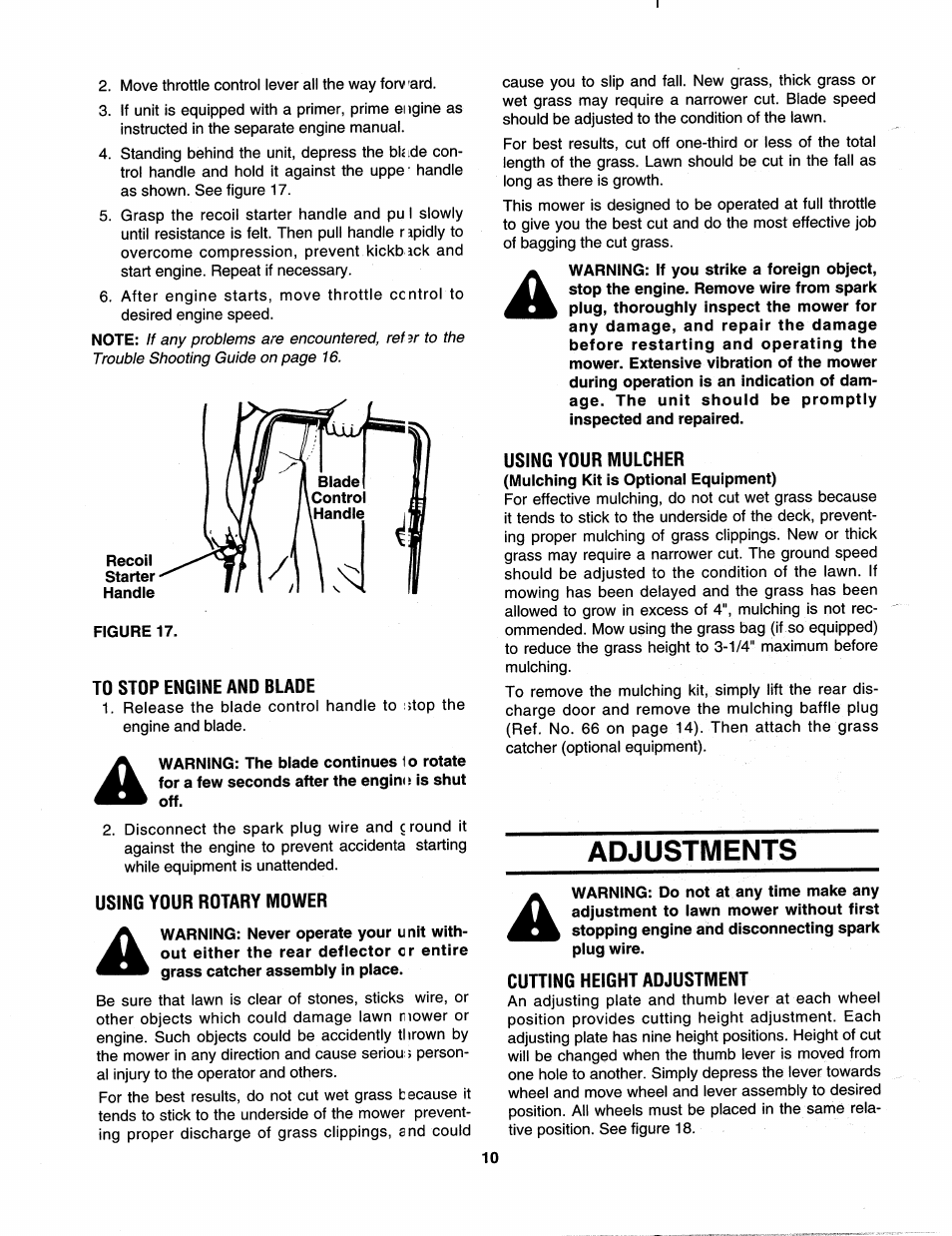 To stop engine and blade, Using your rotary mower, Using your mulcher | Adjustments, Cutting height adjustment | Bolens 112-428R372 User Manual | Page 10 / 16