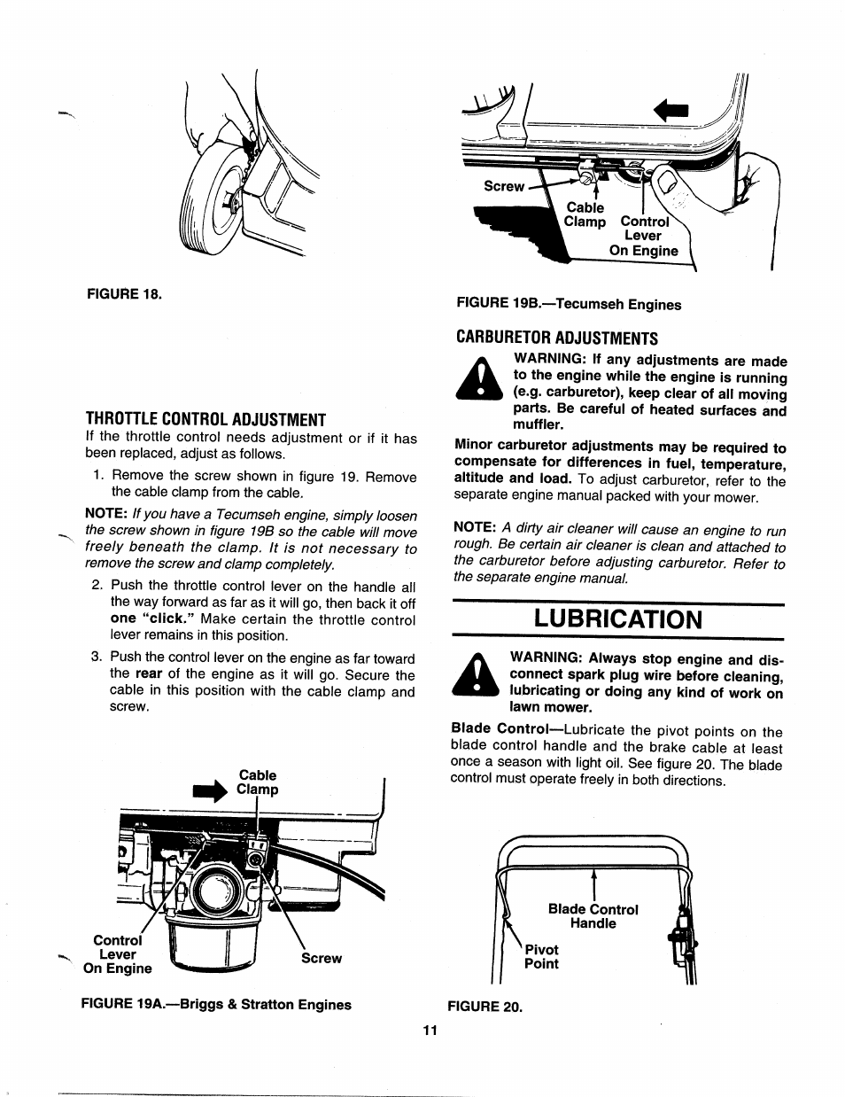 Throttle control adjustment, Carburetor adjustments, Lubrication | Bolens 112-428R372 User Manual | Page 11 / 16