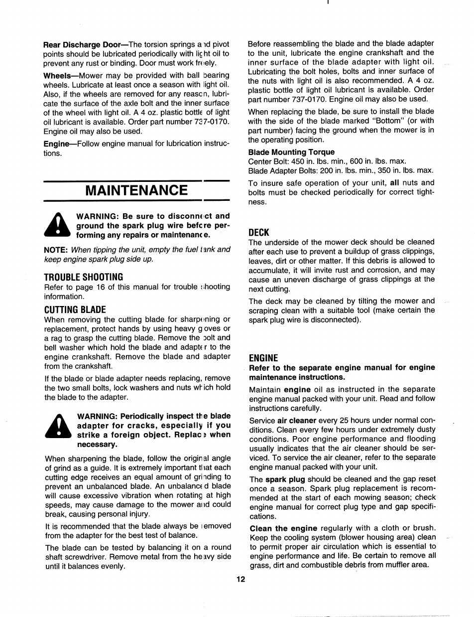Maintenance, Trouble shooting, Cutting blade | Deck, Engine | Bolens 112-428R372 User Manual | Page 12 / 16