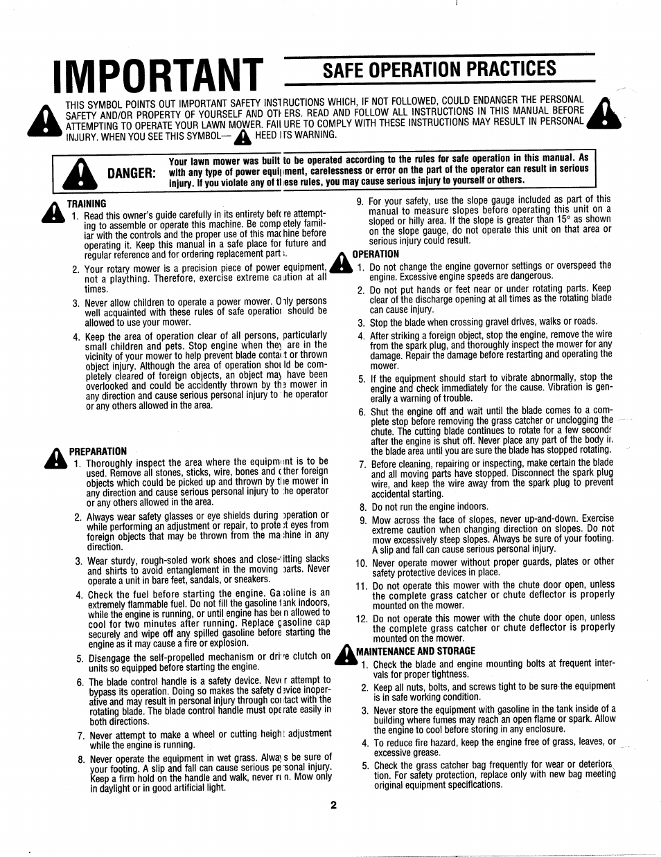 Safe operation practices, Important | Bolens 112-428R372 User Manual | Page 2 / 16