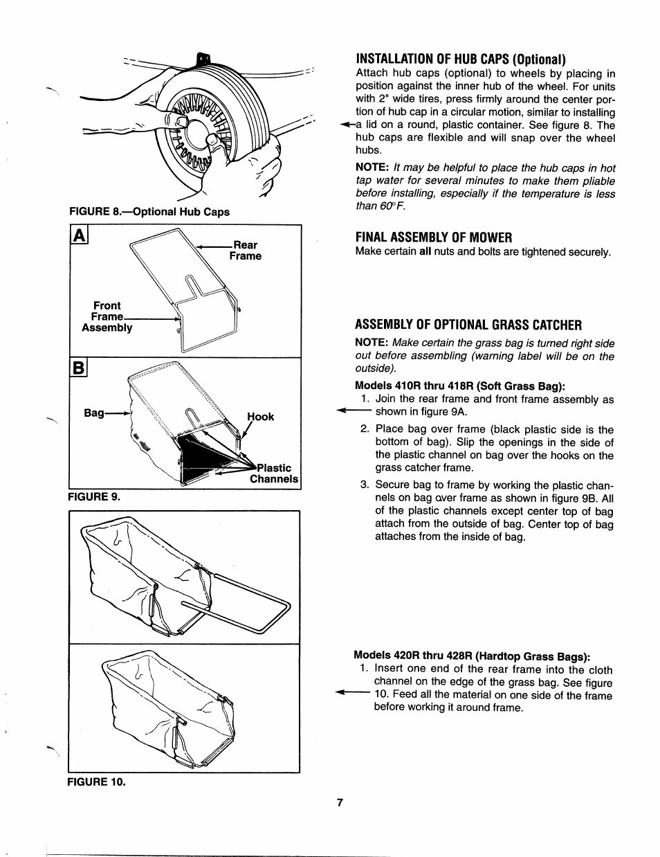 Installation of hub caps (optional), Final assembly of mower, Assembly of optional grass catcher | Bolens 112-428R372 User Manual | Page 7 / 16