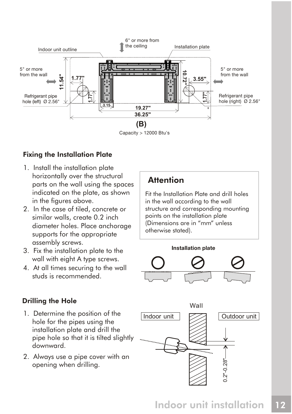 Indoor unit installation, Attention | FRIGIDAIRE FRS123LS1 User Manual | Page 10 / 27