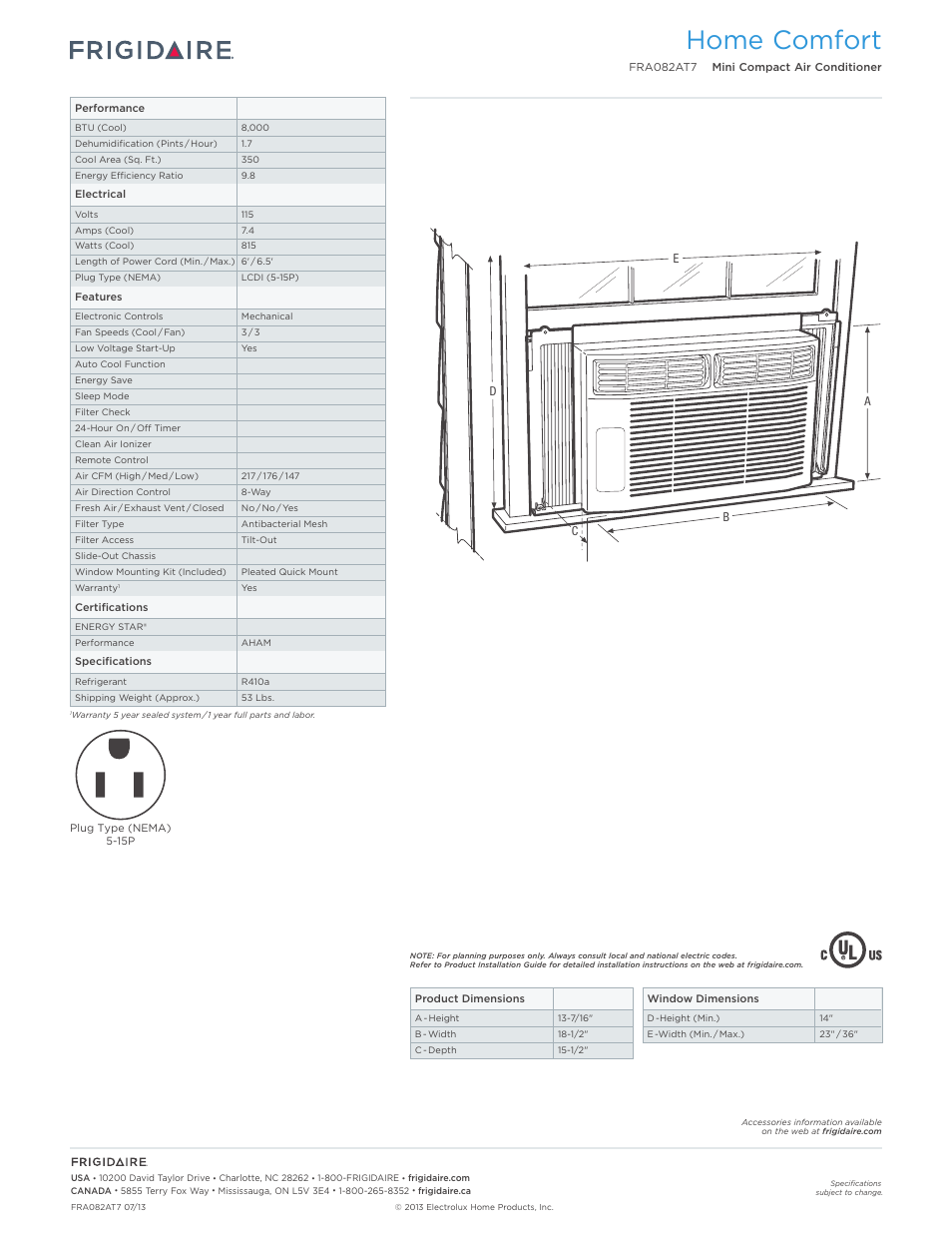 Rac mini compact models frigidaire baseline, Home comfort | FRIGIDAIRE FRA082AT7 User Manual | Page 2 / 2