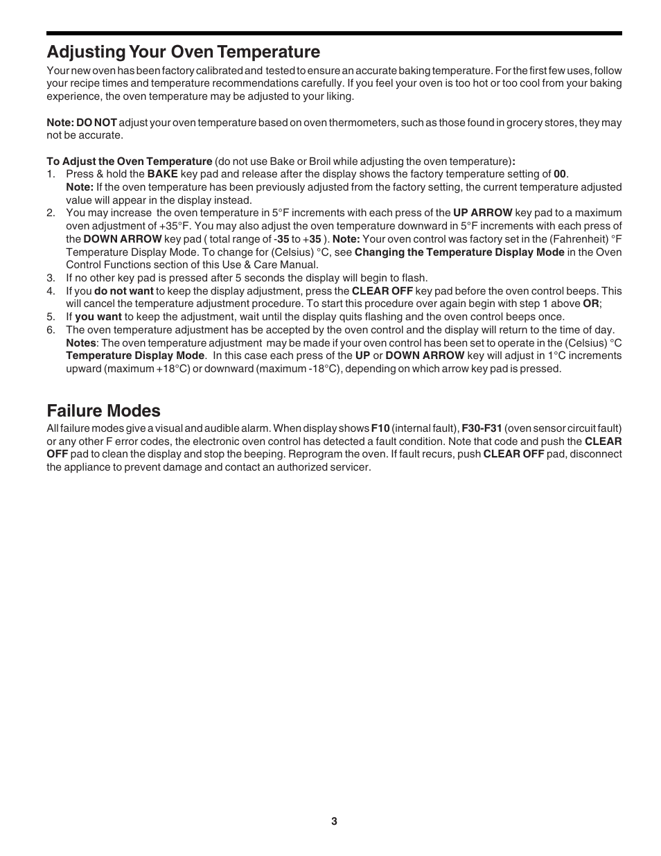 Adjusting your oven temperature, Failure modes | FRIGIDAIRE FEB24S2AB User Manual | Page 3 / 4