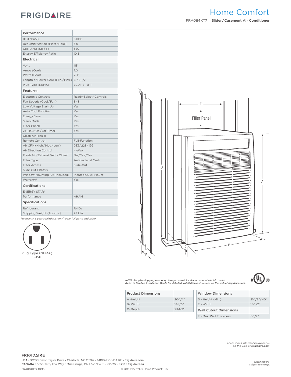 Rac casement/slider models frigidaire baseline, Home comfort, Filler panel | FRIGIDAIRE FRA084KT7 User Manual | Page 2 / 2