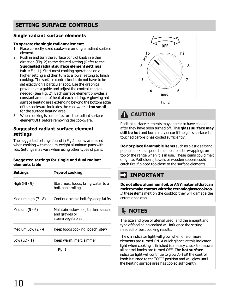 Setting surface controls, Caution, Important | FRIGIDAIRE FFEF3050LS User Manual | Page 10 / 28