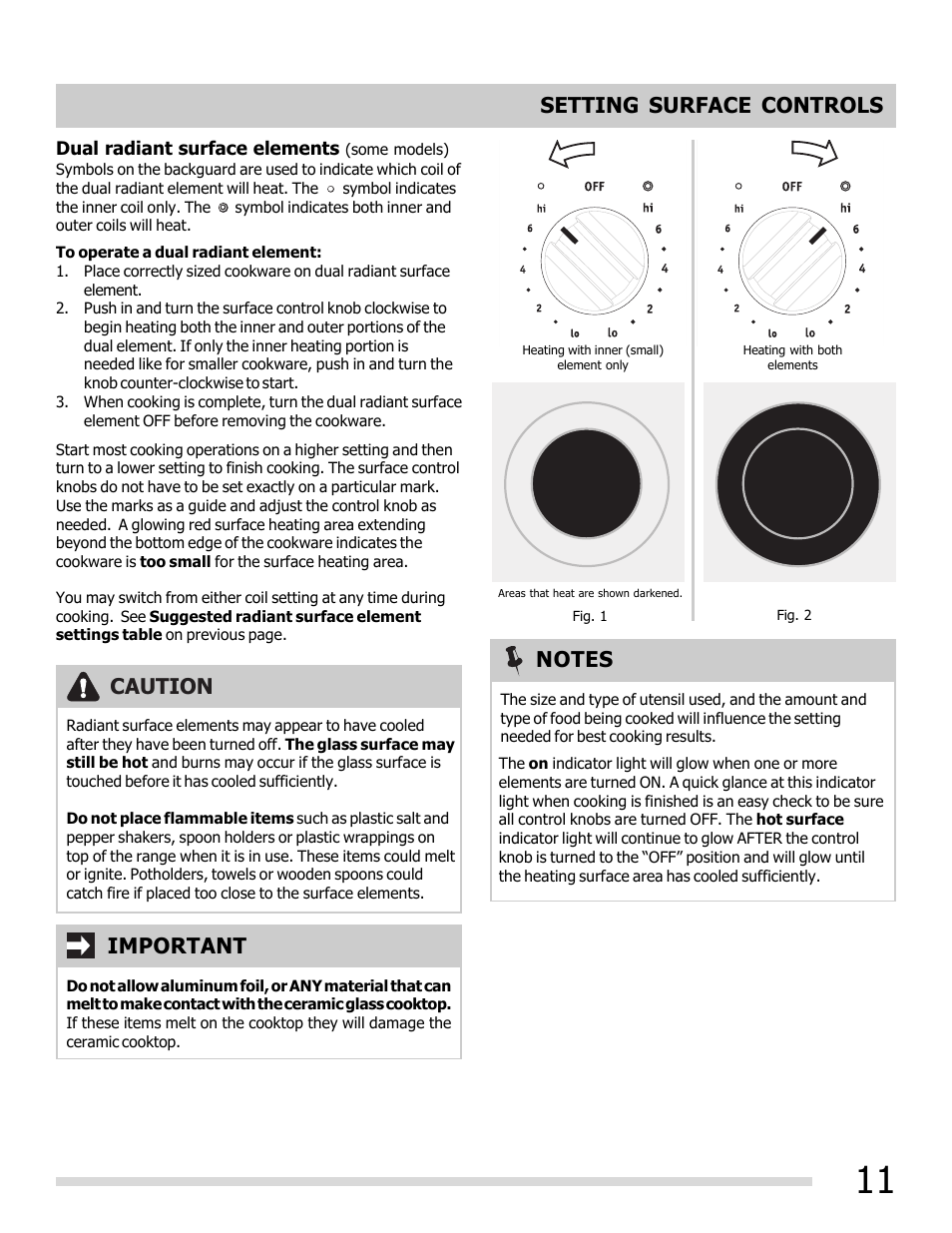 Caution, Setting surface controls | FRIGIDAIRE FFEF3050LS User Manual | Page 11 / 28