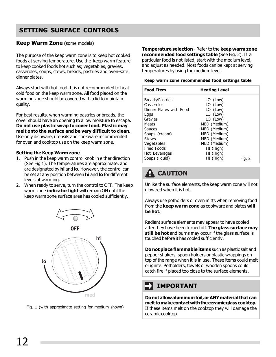 Setting surface controls, Caution, Important | FRIGIDAIRE FFEF3050LS User Manual | Page 12 / 28