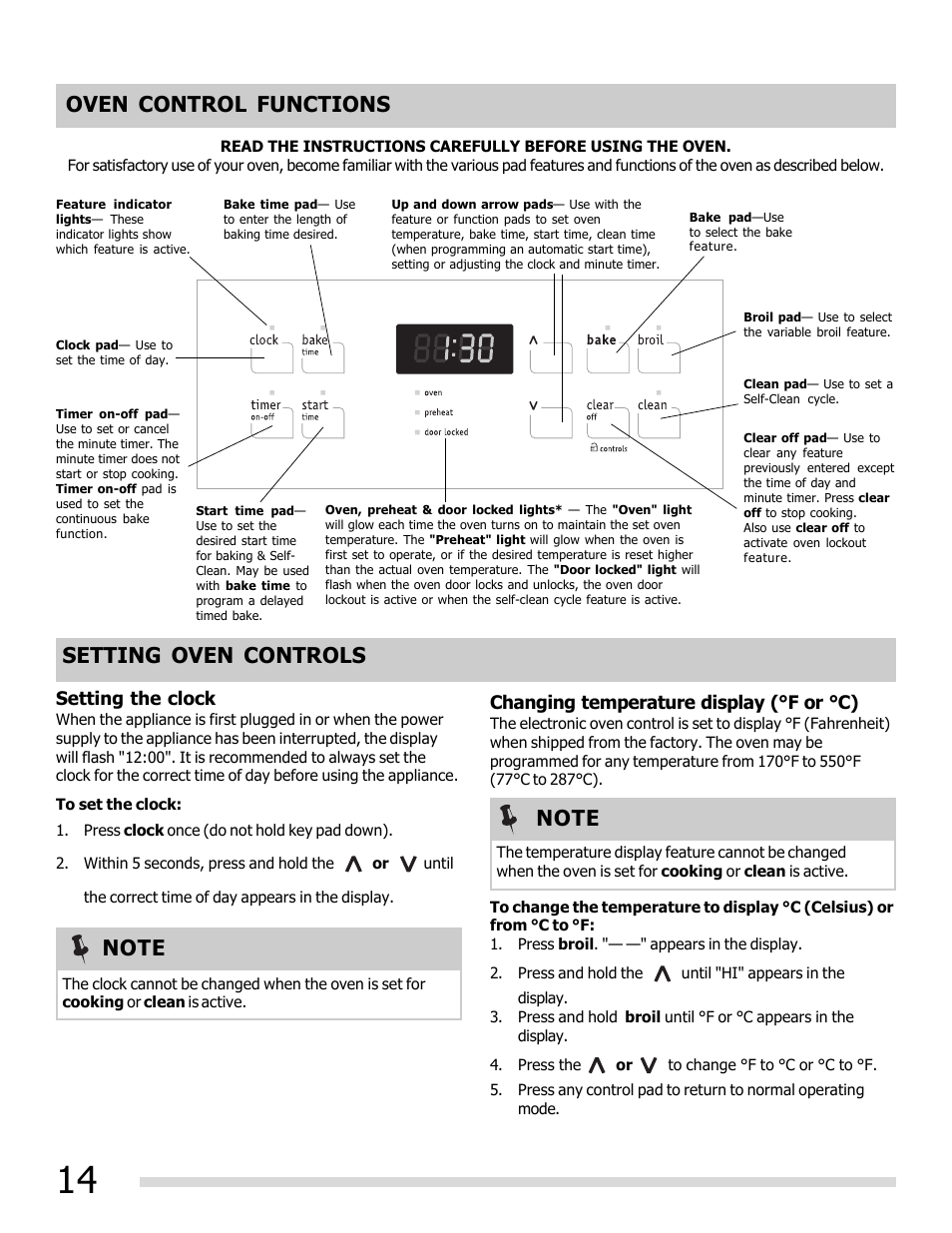 Oven control functions, Changing temperature display (°f or °c), Setting the clock | FRIGIDAIRE FFEF3050LS User Manual | Page 14 / 28