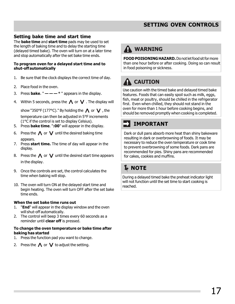 Setting oven controls, Important warning caution | FRIGIDAIRE FFEF3050LS User Manual | Page 17 / 28