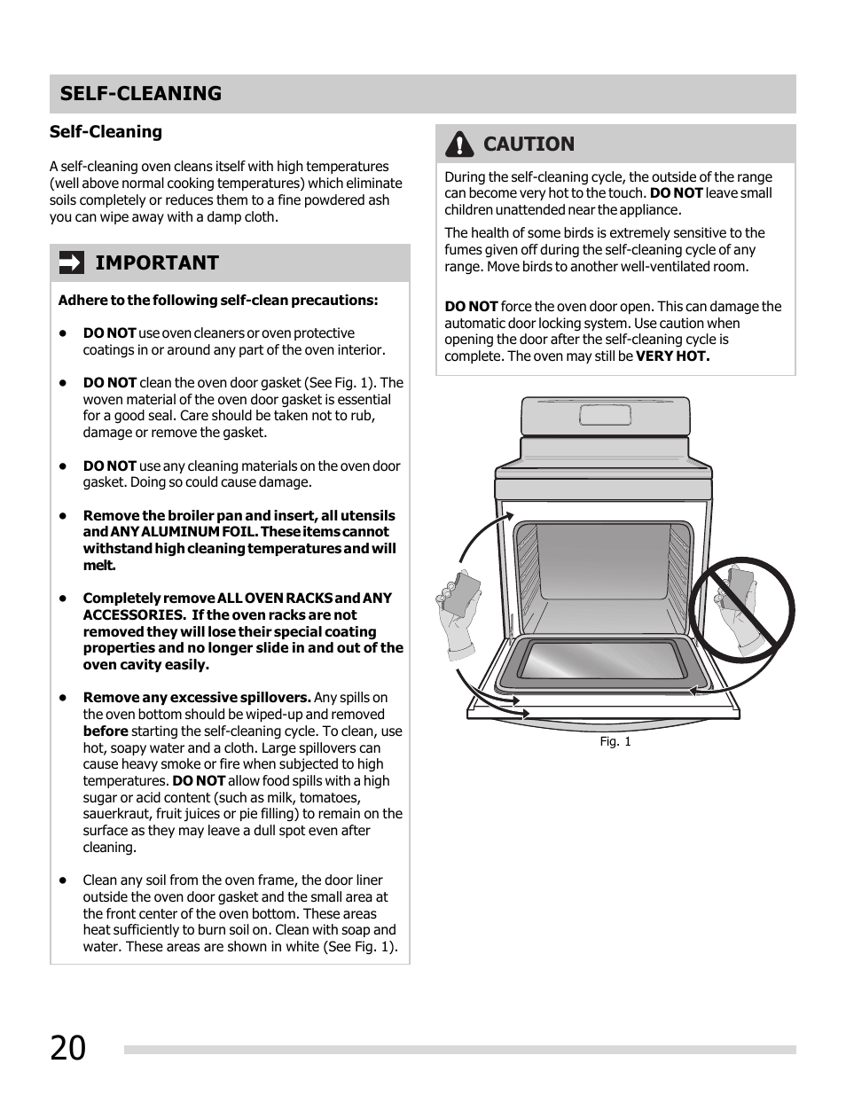 Self-cleaning, Caution important | FRIGIDAIRE FFEF3050LS User Manual | Page 20 / 28