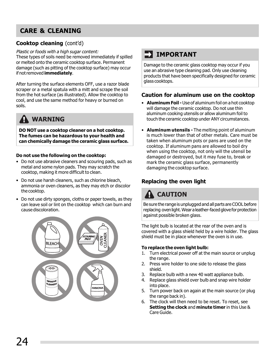 Care & cleaning, Important, Warning | Caution | FRIGIDAIRE FFEF3050LS User Manual | Page 24 / 28