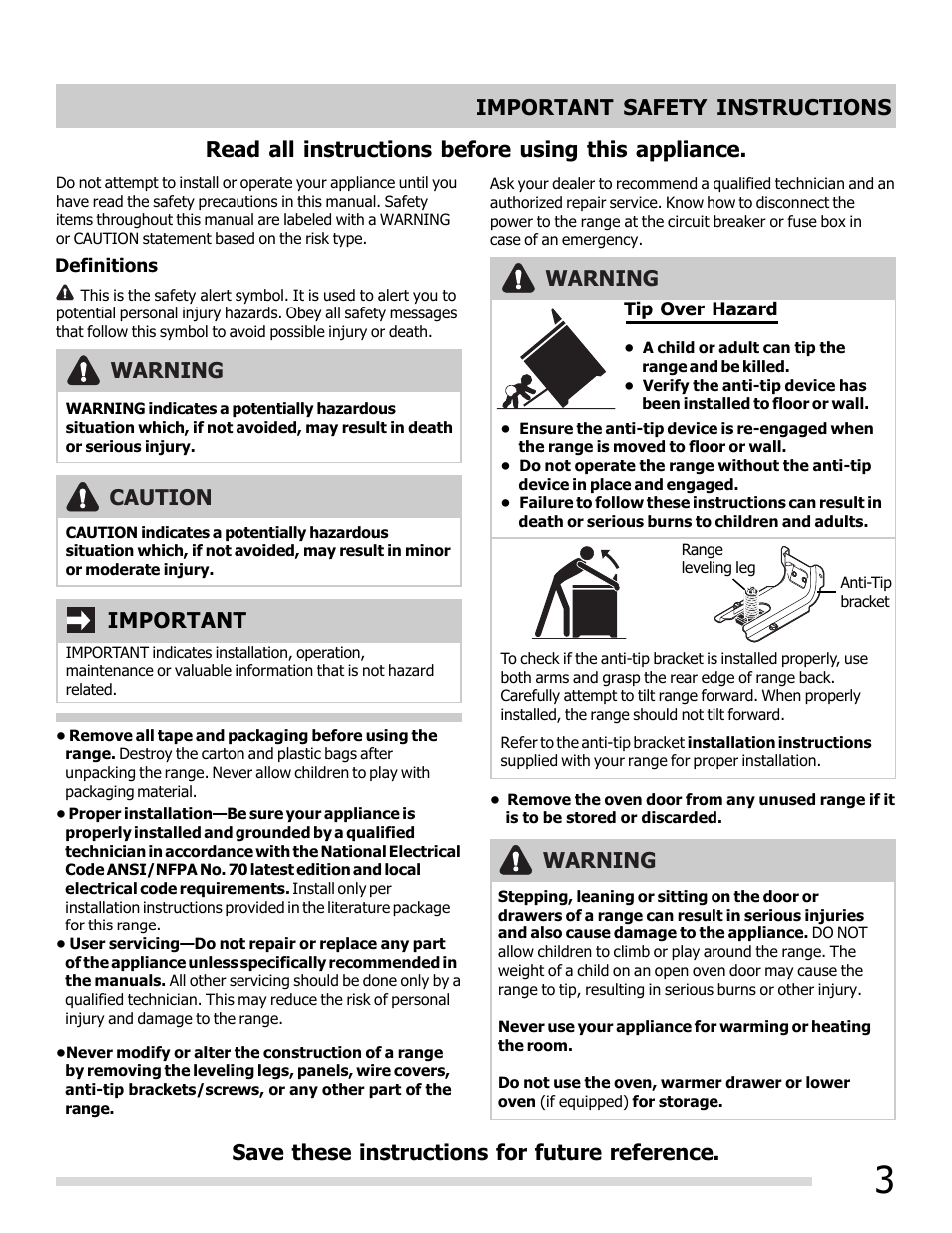Read all instructions before using this appliance, Warning, Warning important | Caution | FRIGIDAIRE FFEF3050LS User Manual | Page 3 / 28