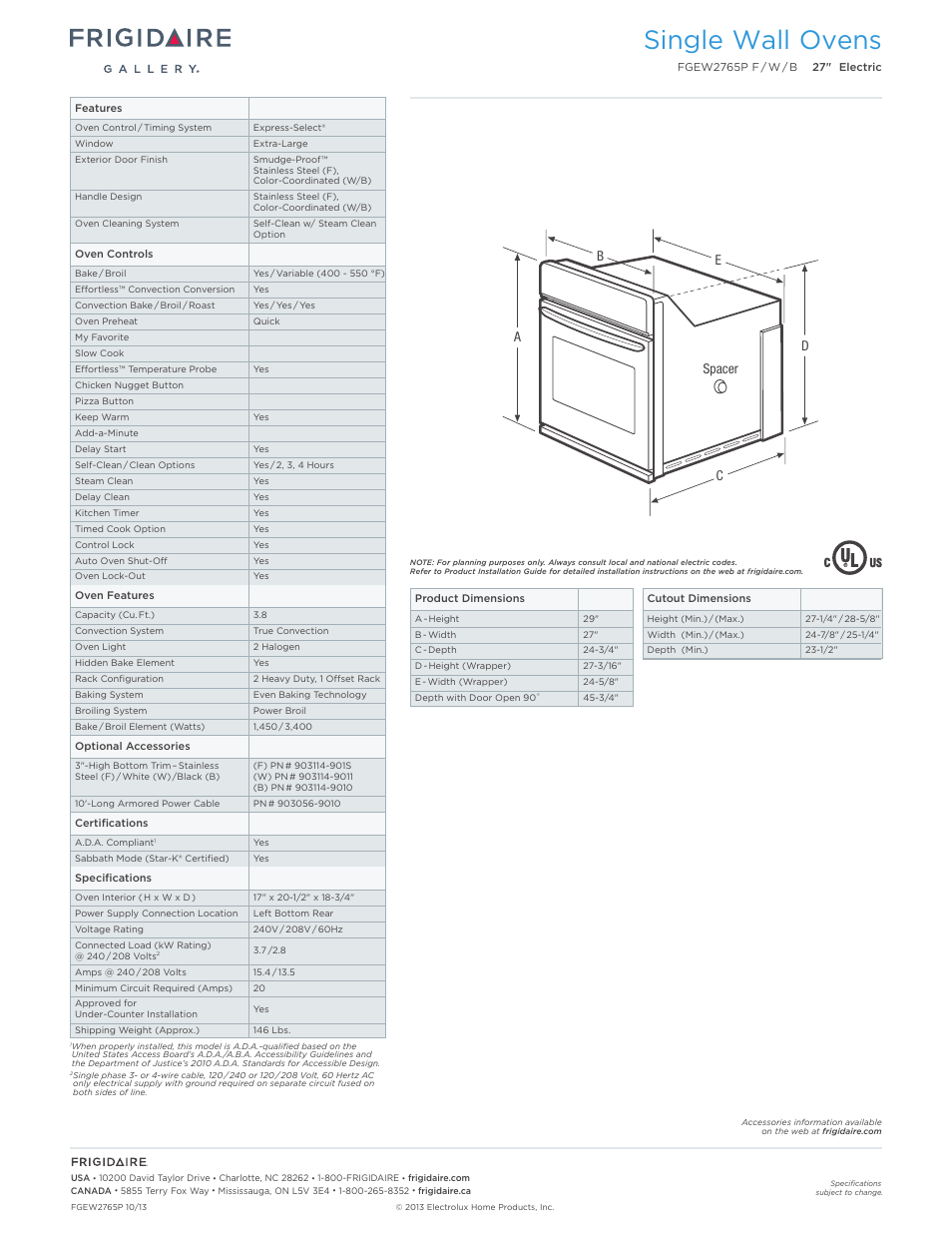 Single electric wall ovens frigidaire baseline, Single wall ovens | FRIGIDAIRE FGEW2765PF User Manual | Page 2 / 7