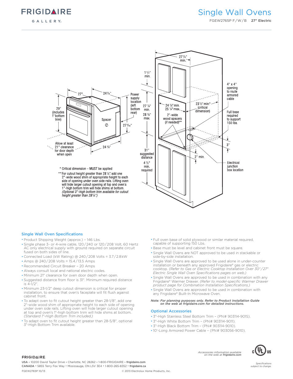 27" single electric wall oven gallery, Single wall ovens | FRIGIDAIRE FGEW2765PF User Manual | Page 3 / 7
