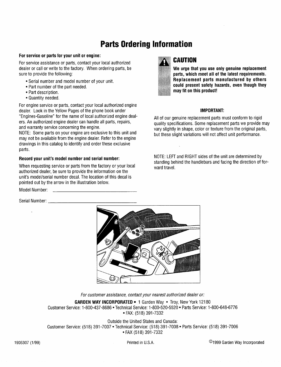 Parts ordering information, For service or parts for your unit or engine, Record your unit’s model number and serial number | Important, Caution | Bolens 12203 User Manual | Page 20 / 20