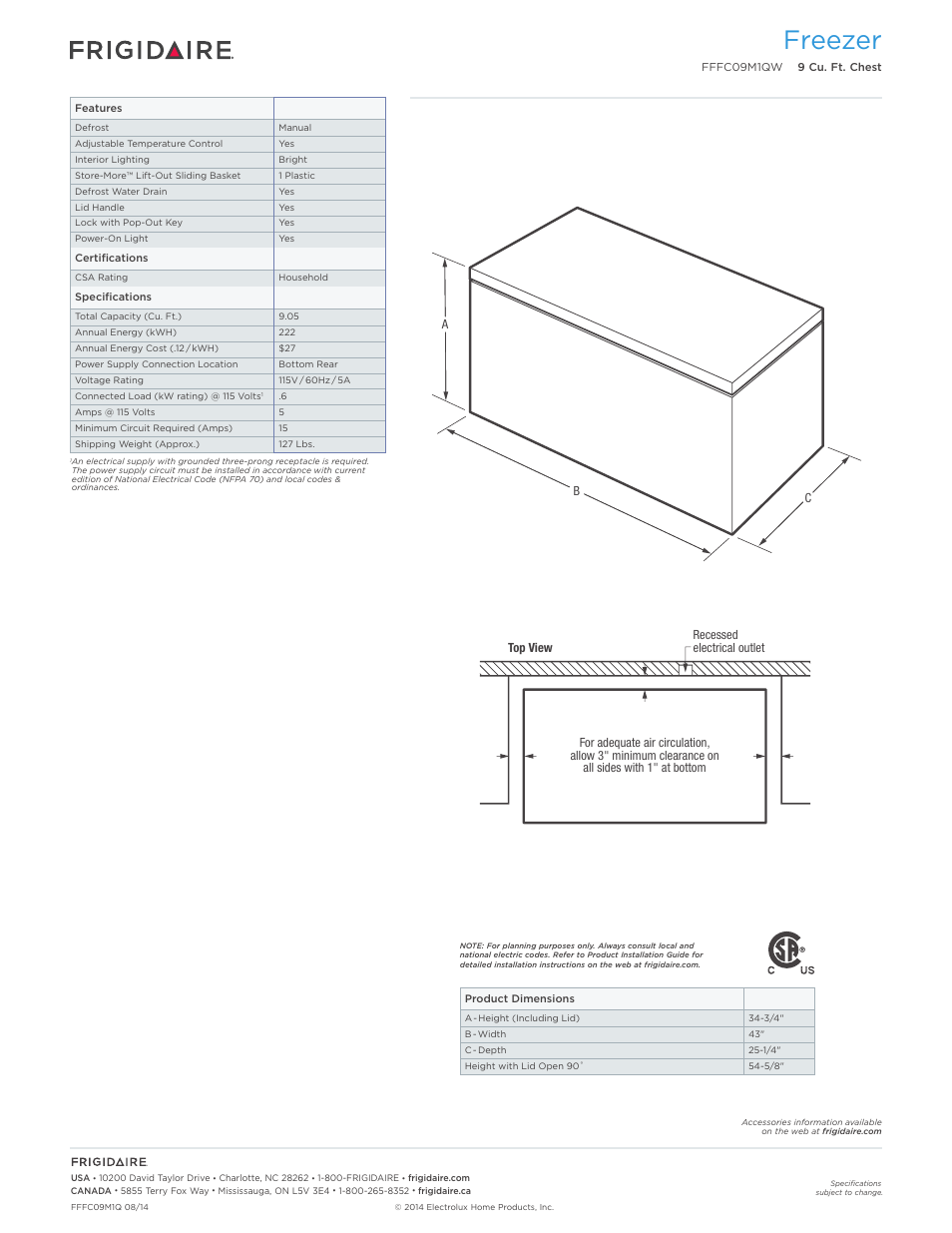 Chest freezers frigidaire baseline, Freezer | FRIGIDAIRE FFFC09M1QW User Manual | Page 2 / 3