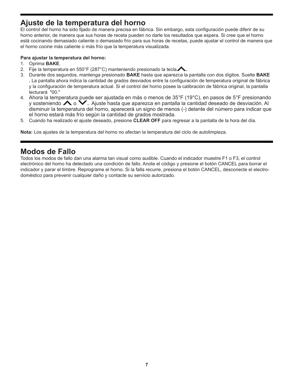 Ajuste de la temperatura del horno, Modos de fallo | FRIGIDAIRE FEB24S5AB User Manual | Page 15 / 16