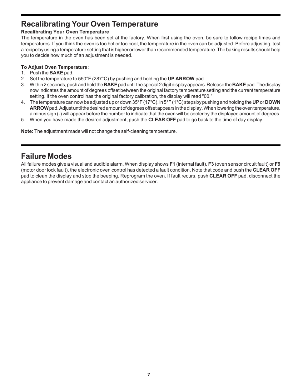 Recalibrating your oven temperature, Failure modes | FRIGIDAIRE FEB24S5AB User Manual | Page 7 / 16