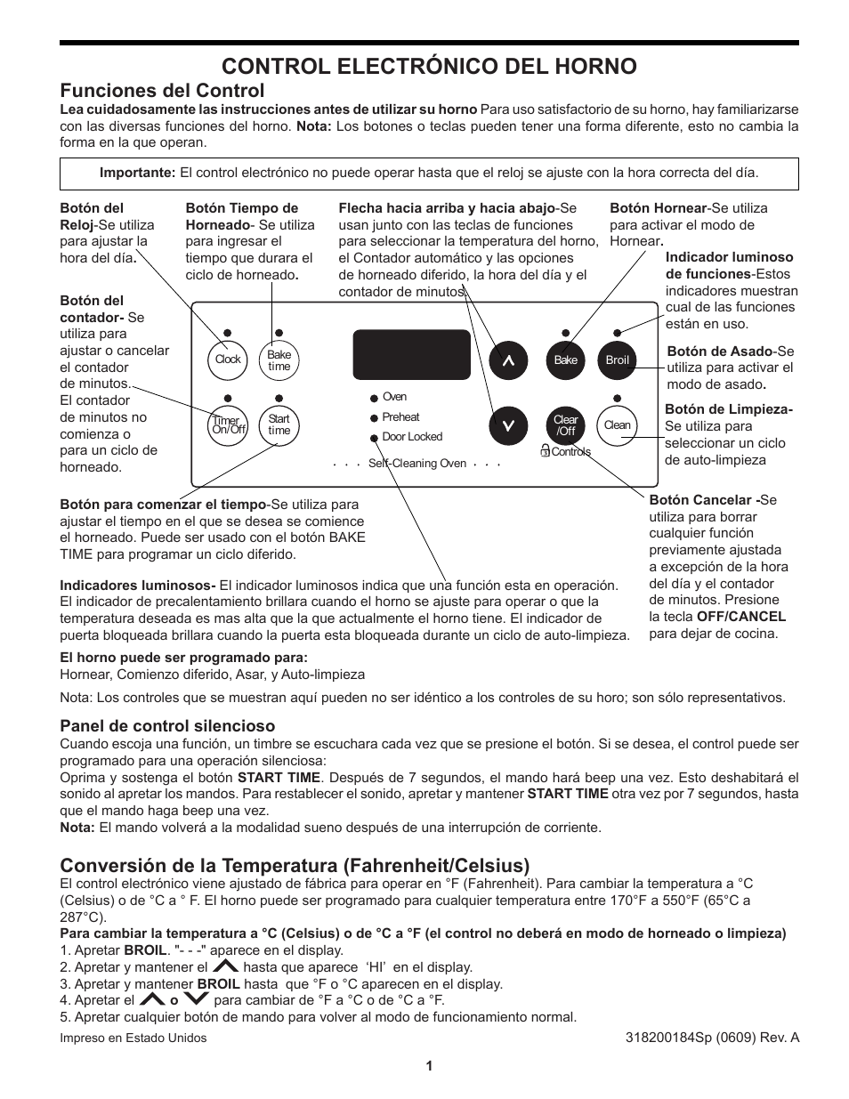 Control electrónico del horno, Conversión de la temperatura (fahrenheit/celsius), Funciones del control | FRIGIDAIRE FEB24S5AB User Manual | Page 9 / 16