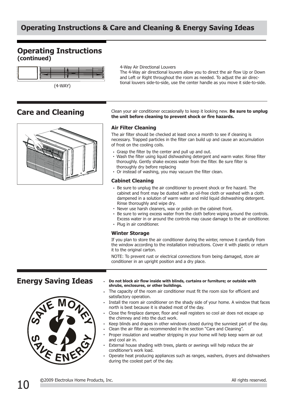 Energy saving ideas, Care and cleaning, Operating instructions | FRIGIDAIRE FFTA1033Q1 User Manual | Page 10 / 12