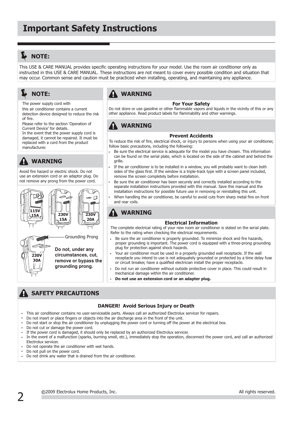 Important safety instructions, Warning, Safety precautions | FRIGIDAIRE FFTA1033Q1 User Manual | Page 2 / 12