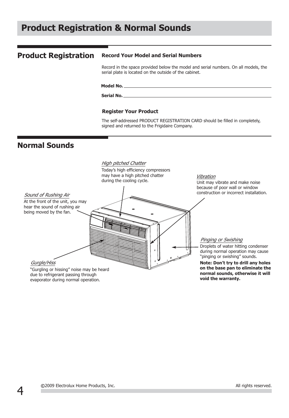 Product registration & normal sounds, Normal sounds, Product registration | FRIGIDAIRE FFTA1033Q1 User Manual | Page 4 / 12