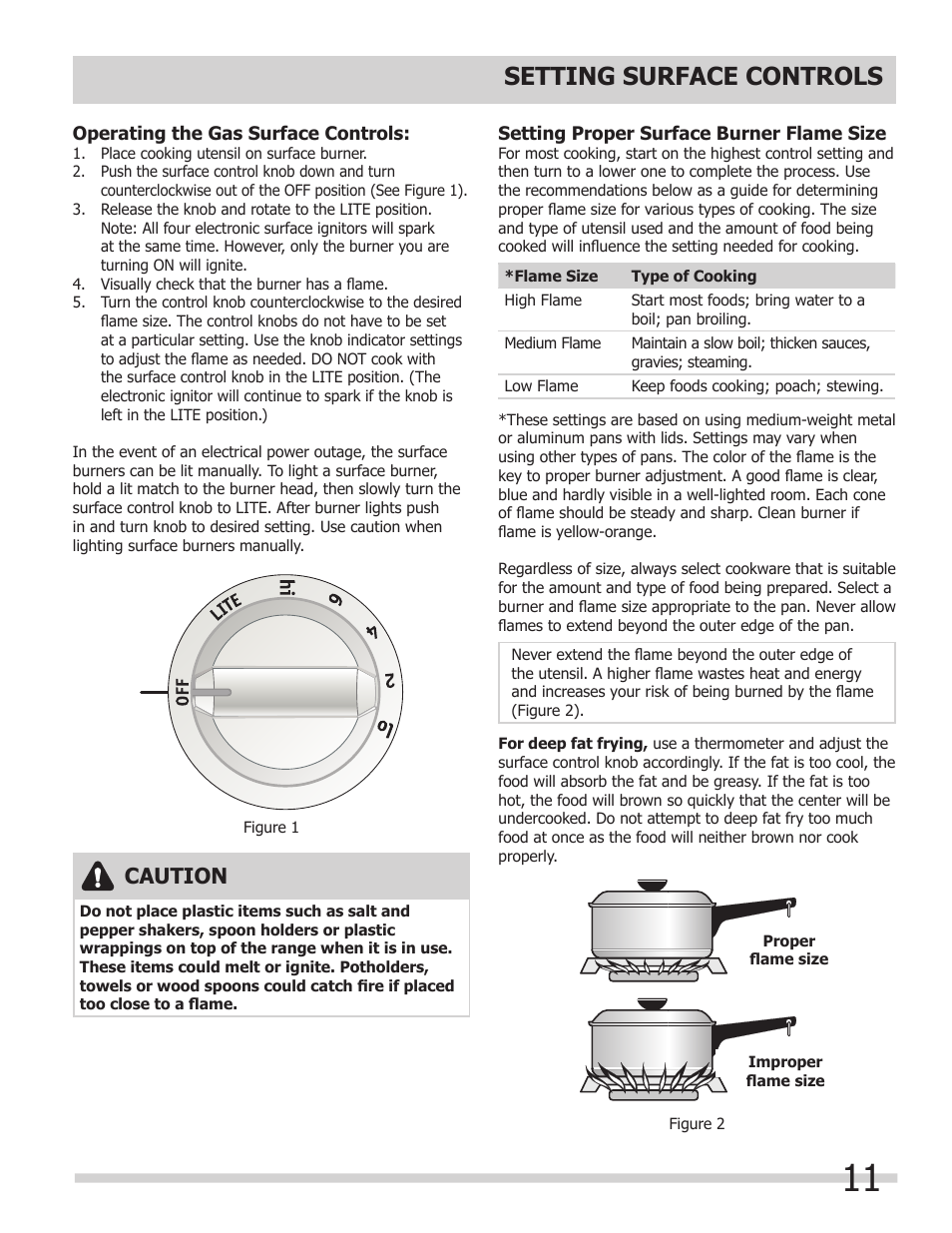 Setting surface controls, Caution | FRIGIDAIRE FPDF4085KF User Manual | Page 11 / 36