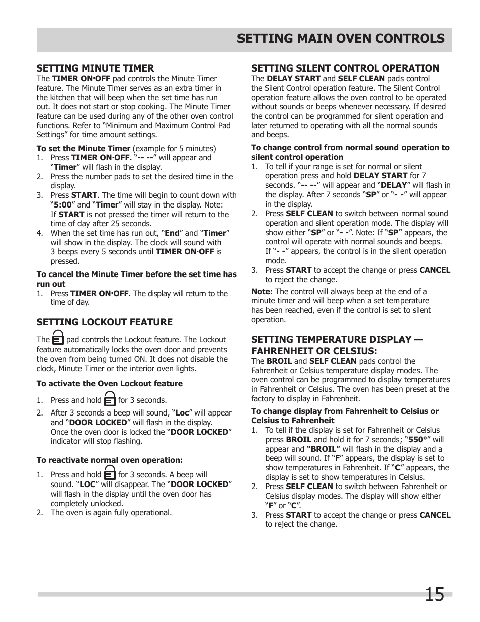 Setting main oven controls | FRIGIDAIRE FPDF4085KF User Manual | Page 15 / 36