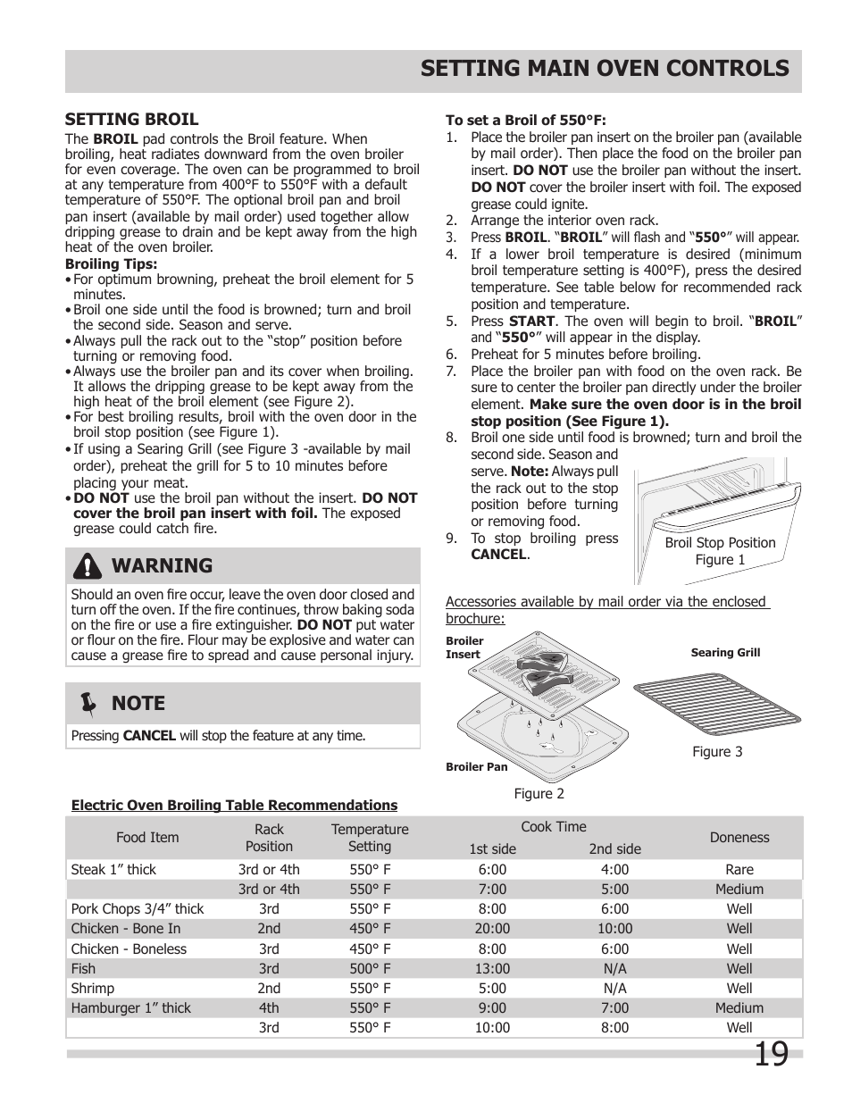 Setting main oven controls, Warning | FRIGIDAIRE FPDF4085KF User Manual | Page 19 / 36