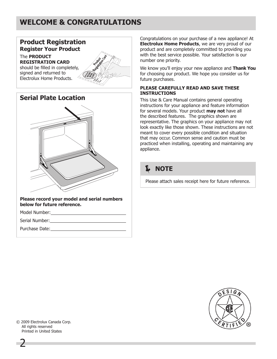 Product registration, Serial plate location | FRIGIDAIRE FPDF4085KF User Manual | Page 2 / 36