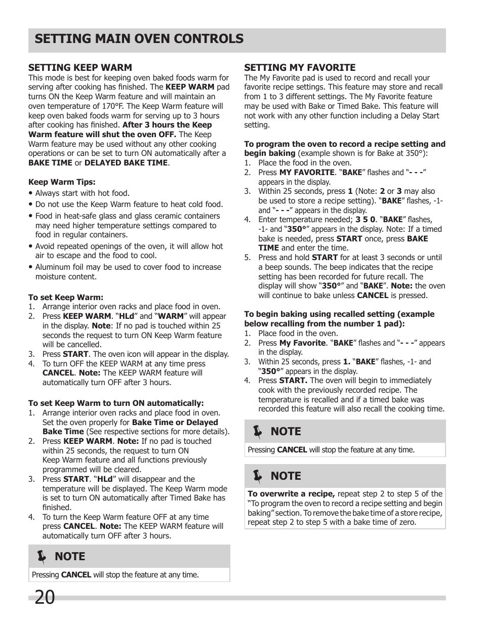 Setting main oven controls | FRIGIDAIRE FPDF4085KF User Manual | Page 20 / 36