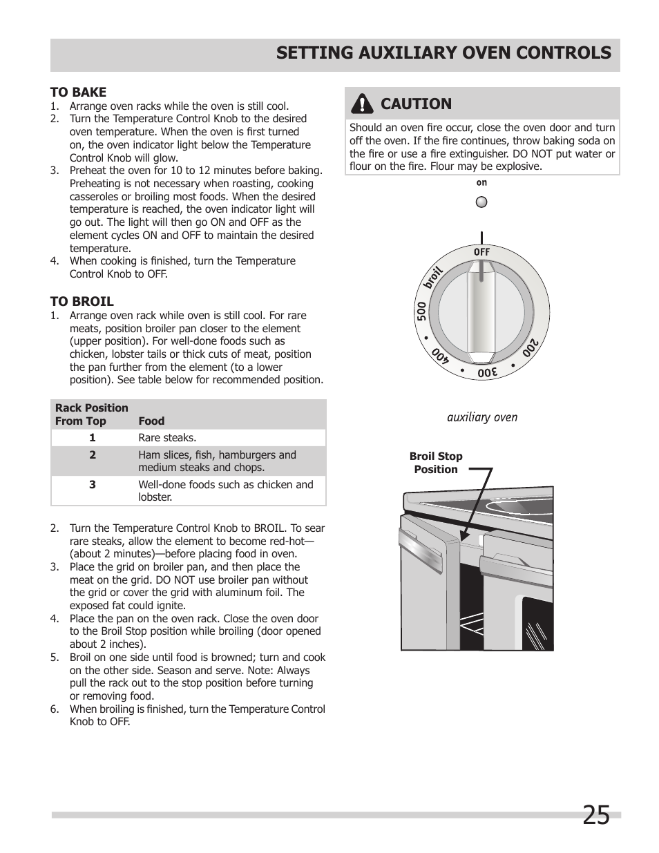 Setting auxiliary oven controls, Caution | FRIGIDAIRE FPDF4085KF User Manual | Page 25 / 36