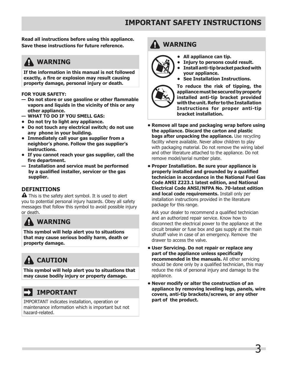 Important safety instructions, Warning, Important | Caution | FRIGIDAIRE FPDF4085KF User Manual | Page 3 / 36