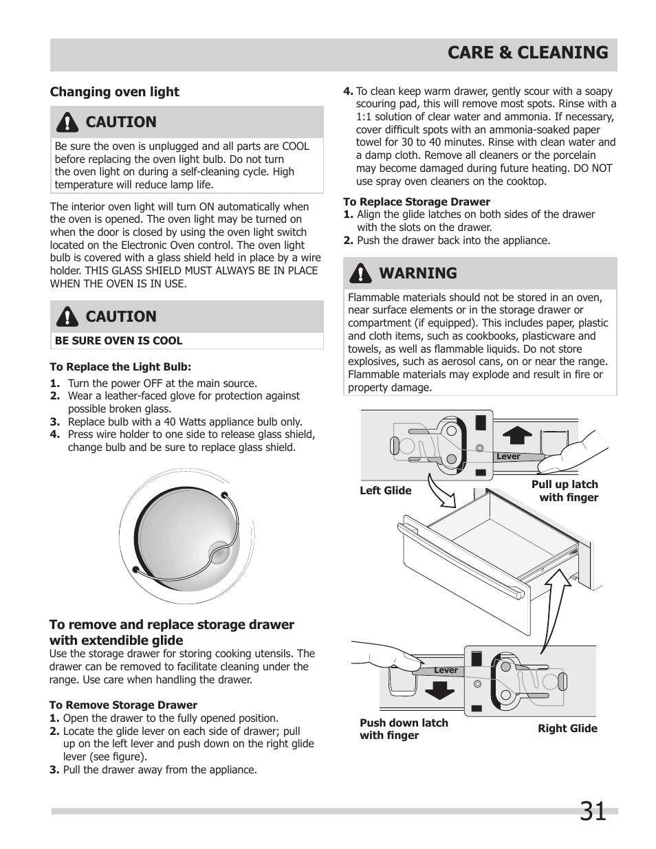 Care & cleaning, Warning, Caution | FRIGIDAIRE FPDF4085KF User Manual | Page 31 / 36