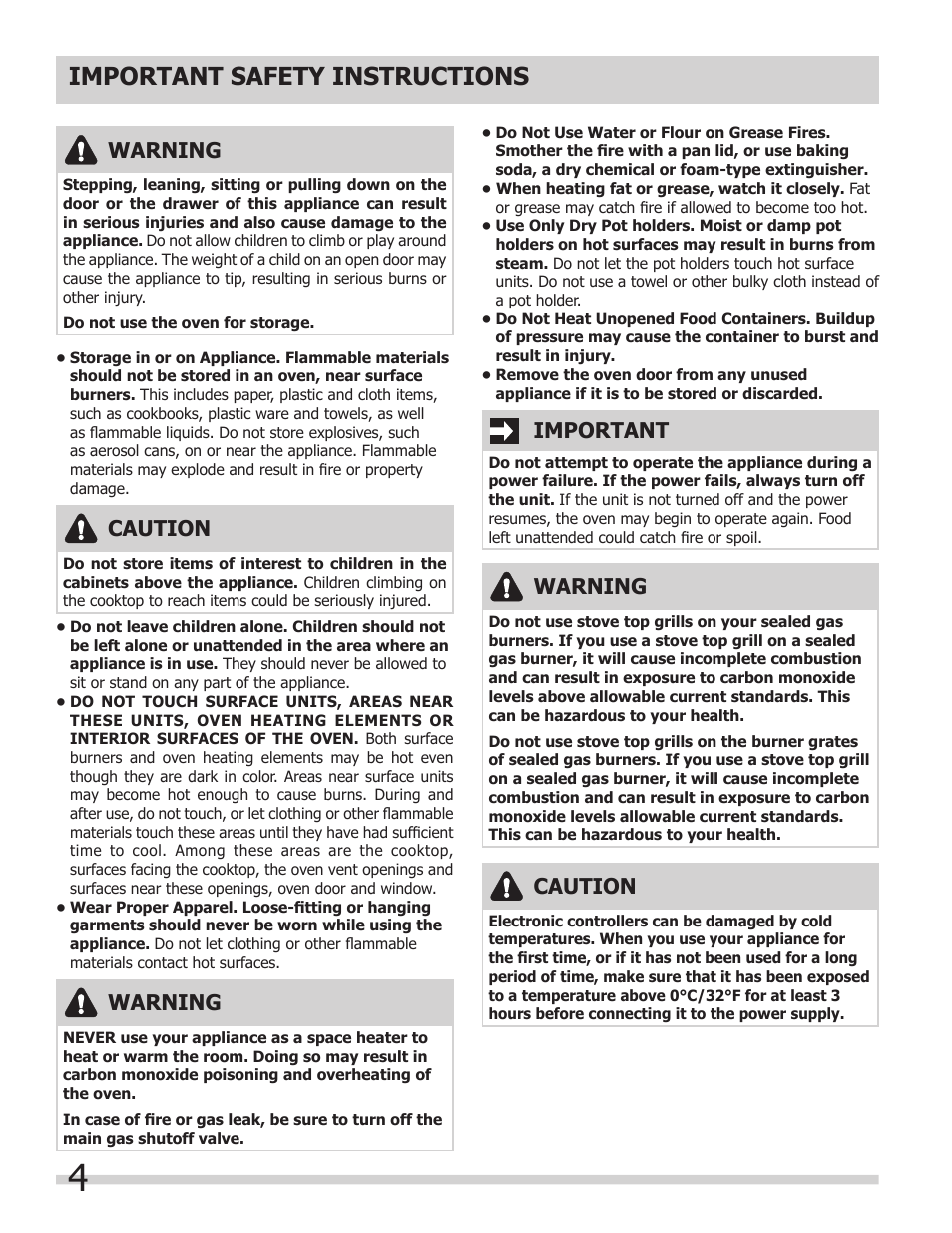 Important safety instructions, Warning, Caution | Important | FRIGIDAIRE FPDF4085KF User Manual | Page 4 / 36