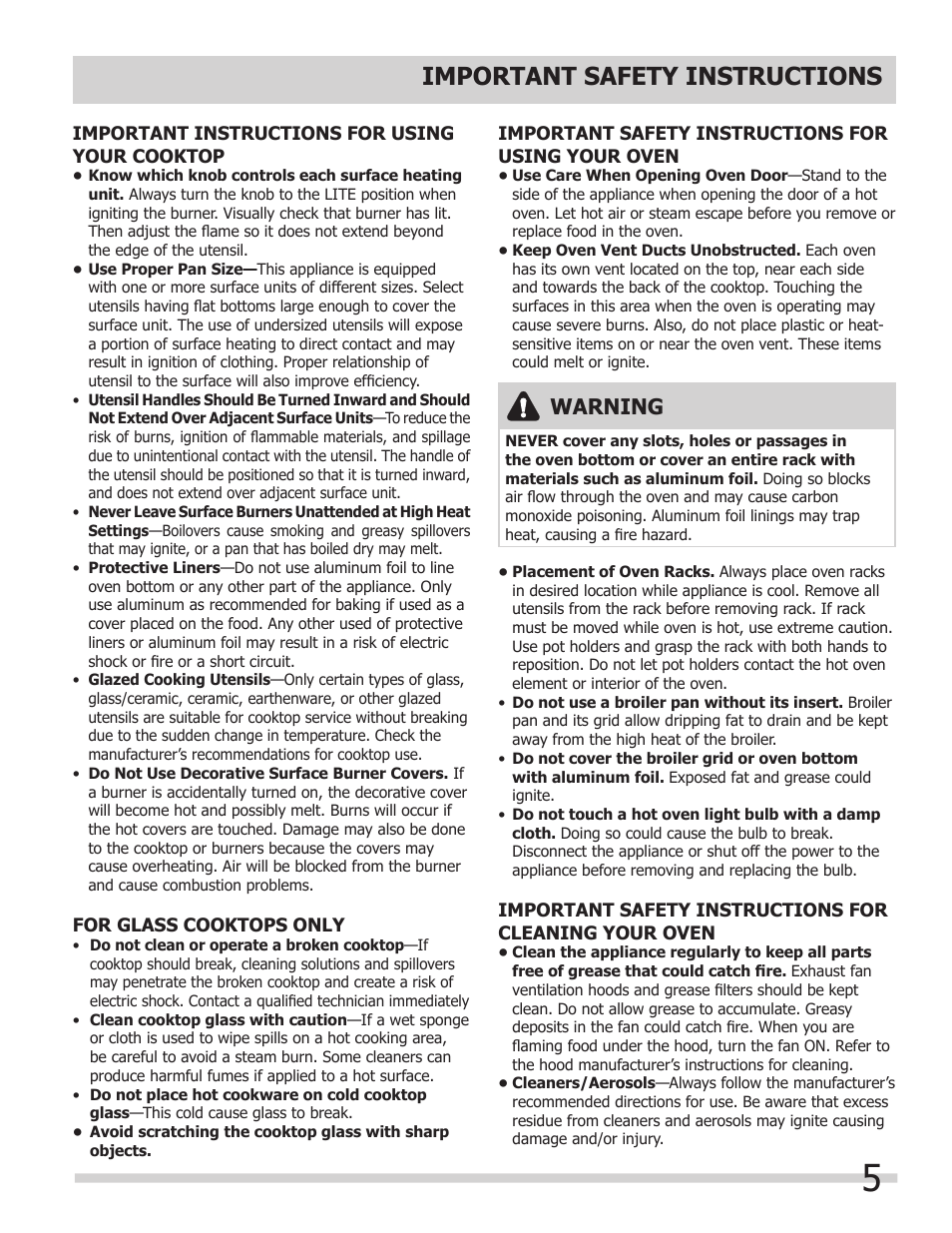Important safety instructions, Warning | FRIGIDAIRE FPDF4085KF User Manual | Page 5 / 36
