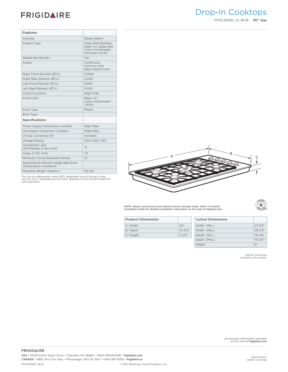Drop-in gas cooktops frigidaire baseline, Drop-in cooktops | FRIGIDAIRE FFGC3025LS User Manual | Page 2 / 5