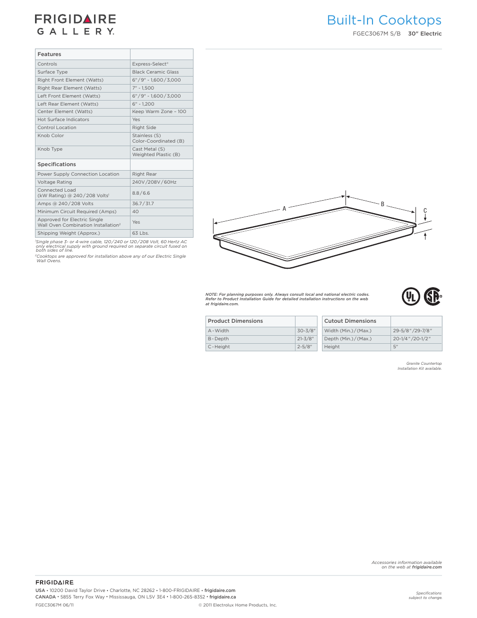 Drop-in electric cooktops frigidaire baseline, Built-in cooktops | FRIGIDAIRE FGEC3067MS User Manual | Page 2 / 5