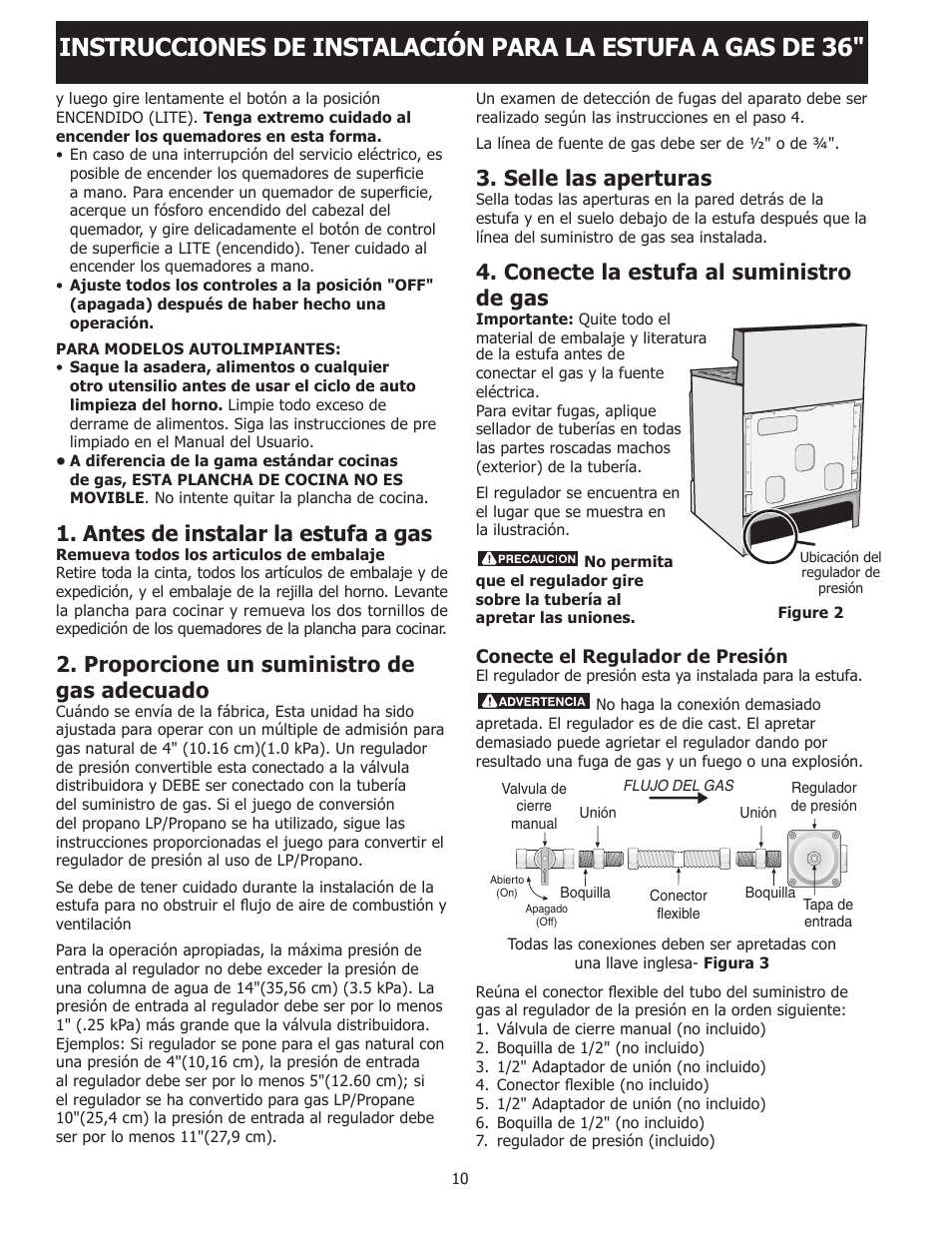 Antes de instalar la estufa a gas, Proporcione un suministro de gas adecuado, Selle las aperturas | Conecte la estufa al suministro de gas | FRIGIDAIRE FPGF3685LS User Manual | Page 10 / 16