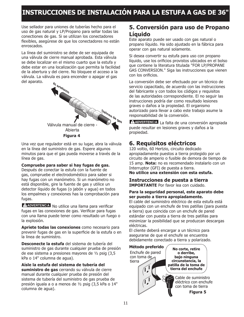 Conversión para uso de propano líquido, Requisitos eléctricos | FRIGIDAIRE FPGF3685LS User Manual | Page 11 / 16