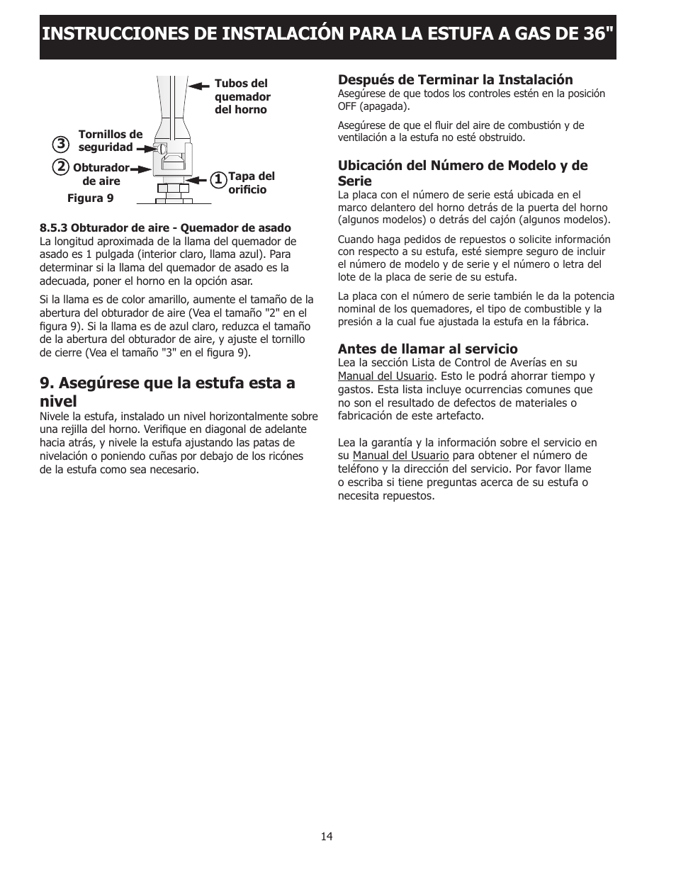 Asegúrese que la estufa esta a nivel | FRIGIDAIRE FPGF3685LS User Manual | Page 14 / 16
