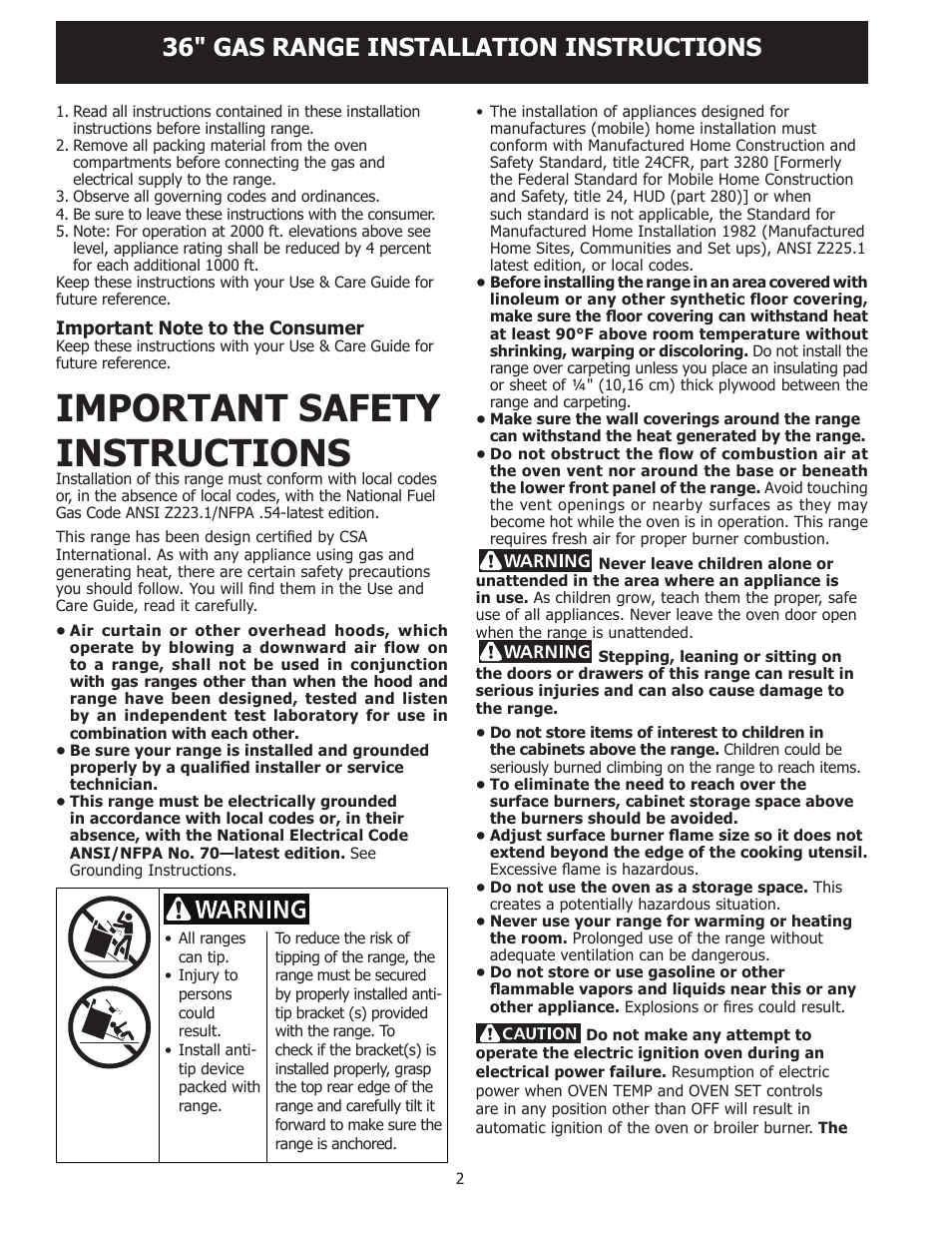 Important safety instructions, 36" gas range installation instructions | FRIGIDAIRE FPGF3685LS User Manual | Page 2 / 16